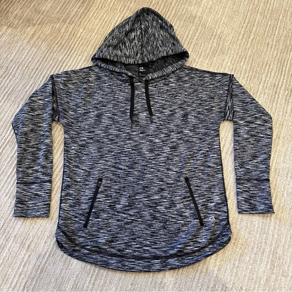 Gap Fit Black and White Marled Pullover Fleece Lined Hoodie - Size Small